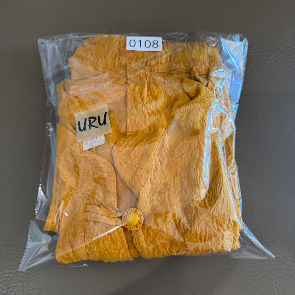 URU 100% Silk Yellow Crinkle Tunic Mandarin Collar Frog Toggle Lagenlook Large - Picture 13 of 14
